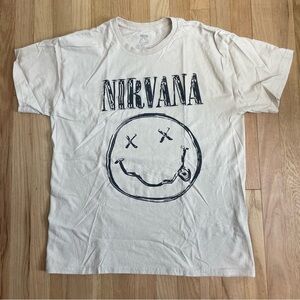 Nirvana T-Shirt Large 90s Grunge Band Tan Neutral Music NEVERMIND Smiley Emo